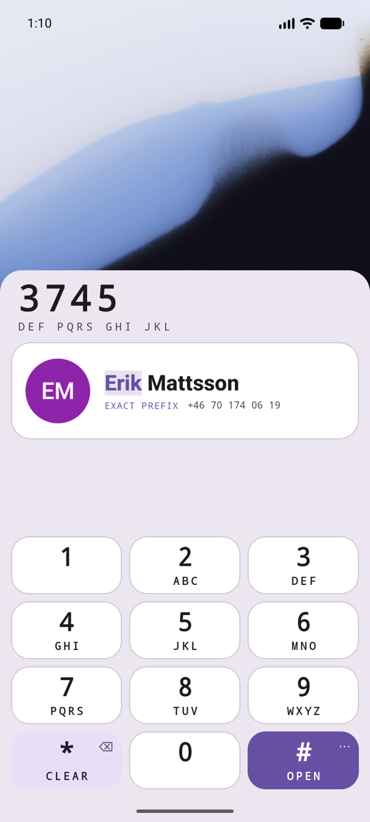 The keypad with 3 7 4 5 typed. The contact found is Erik Mattsson, with his number, and Erik highlighted in his name.