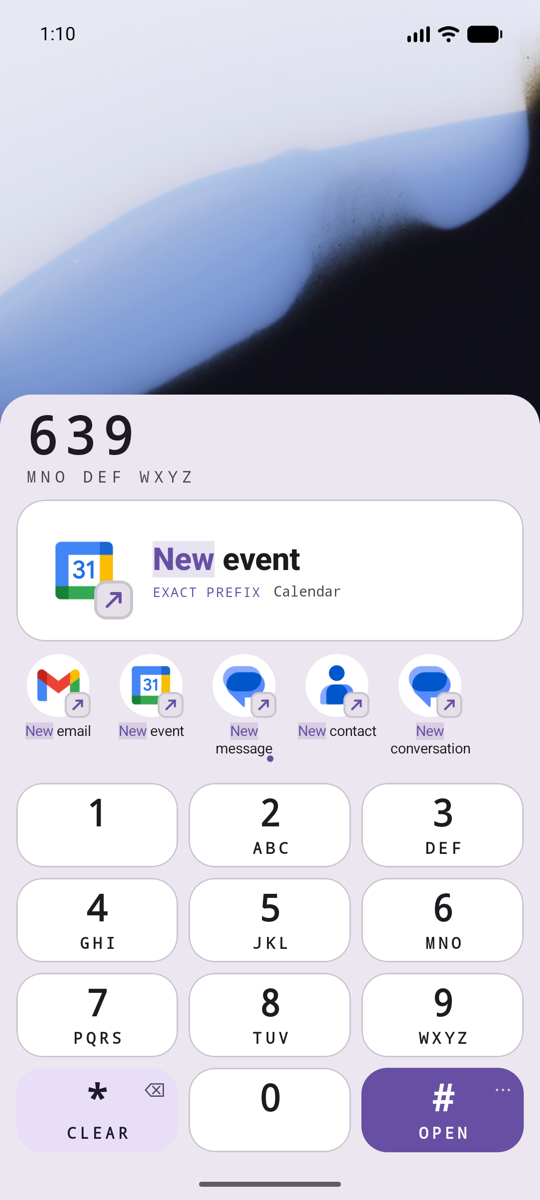 The keypad with 6 3 9 typed. The shortcut found is New event in Calendar, with New email, New message, New contact and New conversation beside it.