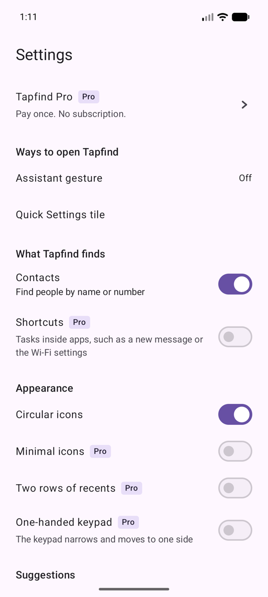 The Settings screen. The Tapfind Pro row reads: Pay once. No subscription. Below it, the ways to open Tapfind, what it finds, and the appearance rows, with Pro marked on some.